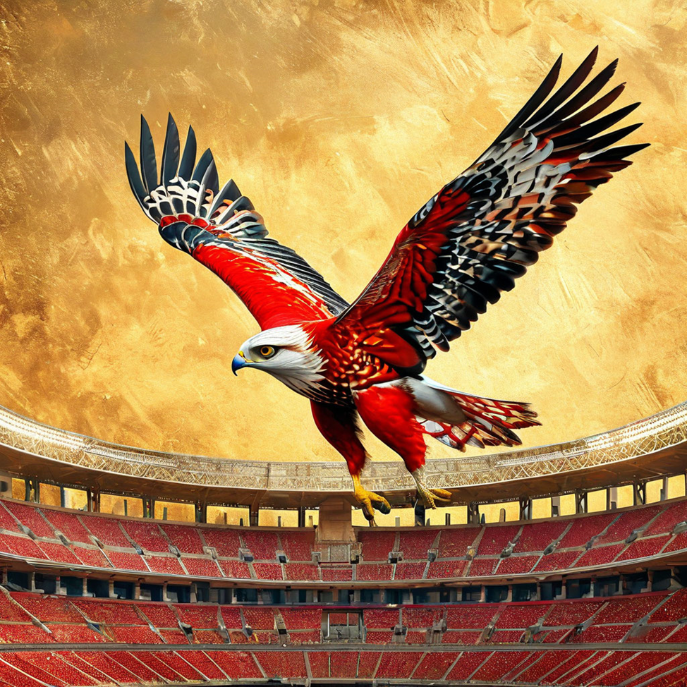 Красно-белый российский сокол в полёте. Символ удачи  «Спартака» и завоевания золота чемпионата.