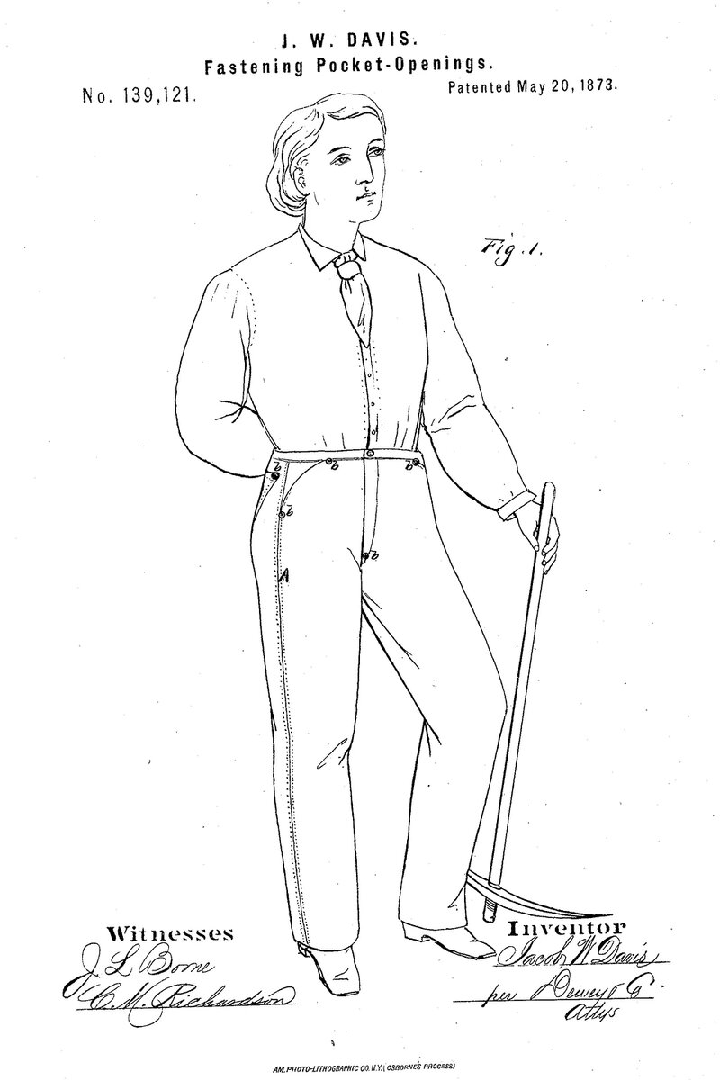 Заявка на патент была подана 9 августа 1872 года под заголовком «Улучшение крепления карманных отверстий» и одним рисунком.
