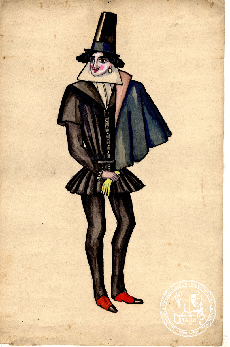 Эскиз костюма к пьесе Бен-Джонсона «Алхимик» для Московского Показательного театра. 1921 г. РГАЛИ. Ф. 2350. Оп. 1. Бумага, акварель, гуашь, бронза, темпера