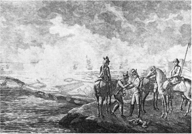 Донской есаул Д.Е. Кутейников своим шарфом перевязывает раненую руку А.В. Суворова.