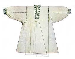 Схема кроя поздних лейн. У первоначального варианта было два клина - в боковых швах. Воротники-стойки появились в конце средневековья и периодически входили в моду. В норме лейны без воротника, до раннего средневековья - только без воротника.