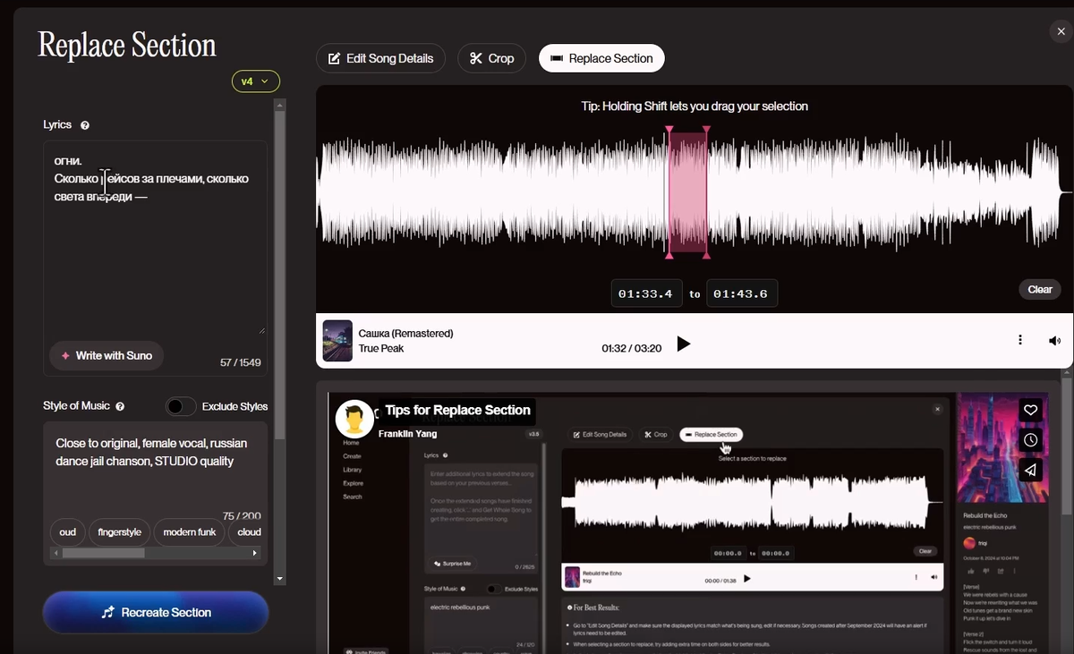 Интерфейс страницы замены текста песни в SUNO