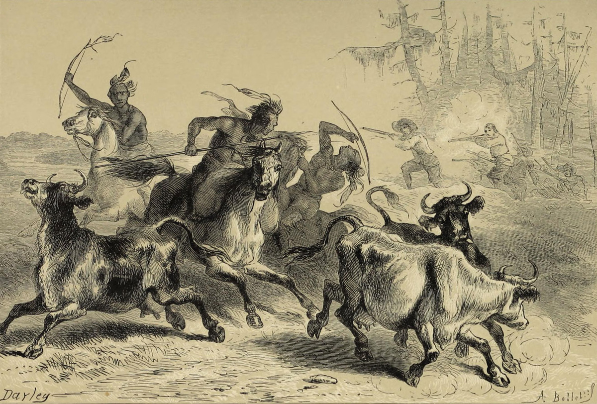 Индейцы угоняют скот поселенцев. Иллюстрация из книги Бенсона Джона Лоссинга «Our Country. A Household History for All Readers, from the Discovery of America to the Present Time». Нью-Йорк, 1877 год. Boston College Libraries