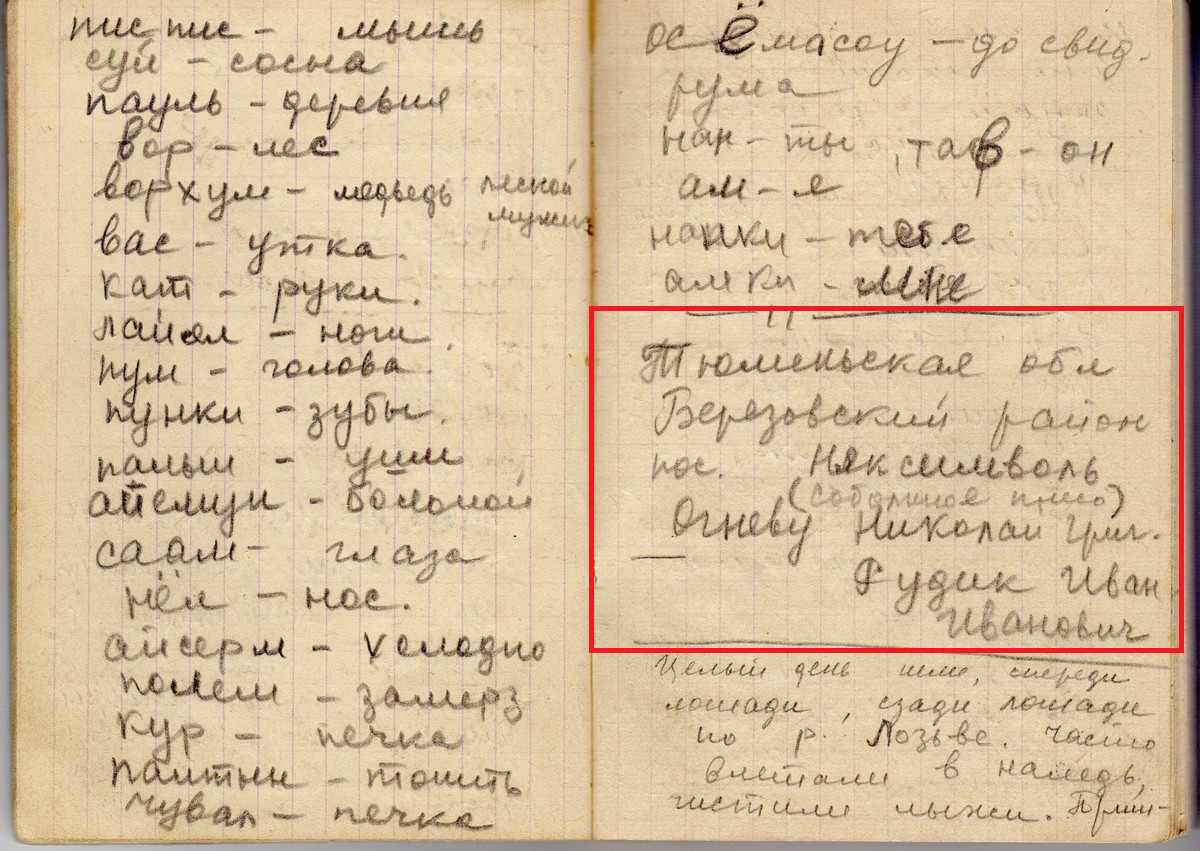 Фото 2. Запись из "дневника" Зины Колмогоровой с адресом Огнева в Няксимволе Березовского района Тюменской области. 