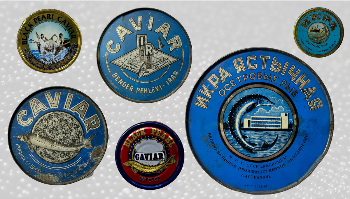 Крышки икорных банок из коллекции в офисе А-ИКРА.