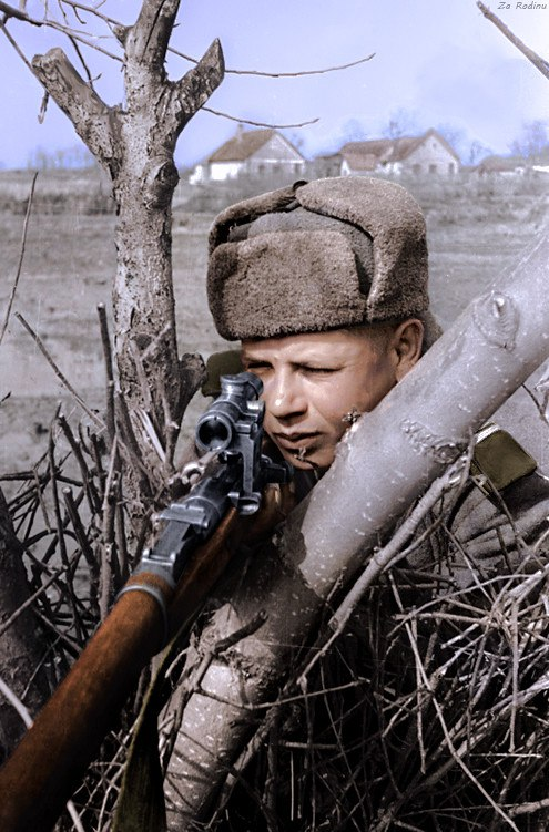 Василий Корушин на позиции в районе озера Балатон, 1945 год
