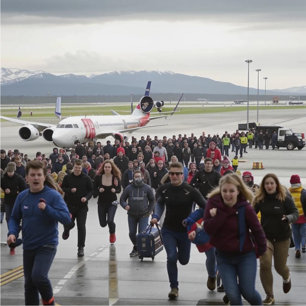 Паника в аэропорту Анкориджа, Аляска в связи с нападением хладнокровок. Создано нейросетью Кандинский. 