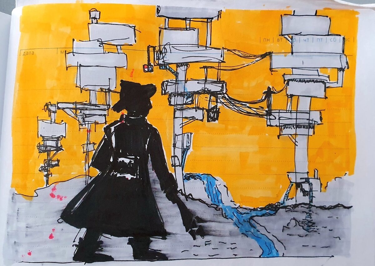 Картина Маринетт Мортем «Провода и силуэт». 