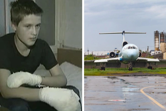 После перелета в шасси ТУ-154М (фото справа) 15-летний Андрей Щербаков оказался в больнице с обморожением рук. Фото: скриншот «Первого канала», Евгений Лебедев