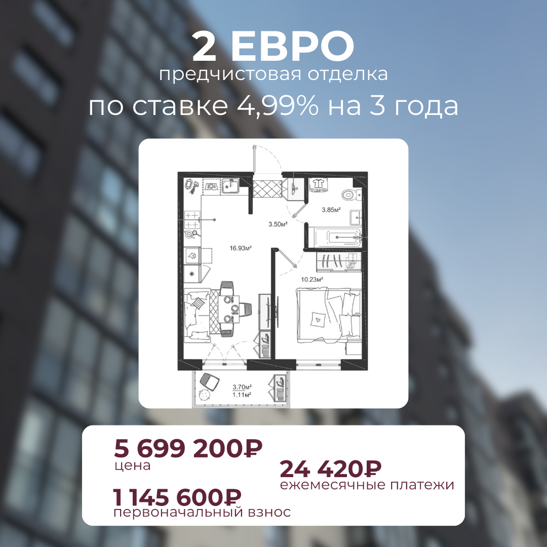 расчёт по 2евро квартире с предчистовой отделкой по ставке 4,99%