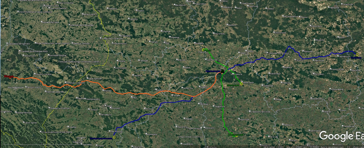 ВЛ, отходящие от ХАЭС. Синее – 750 кВ, рыжее – 400 кВ, зелёное – 330 кВ.
