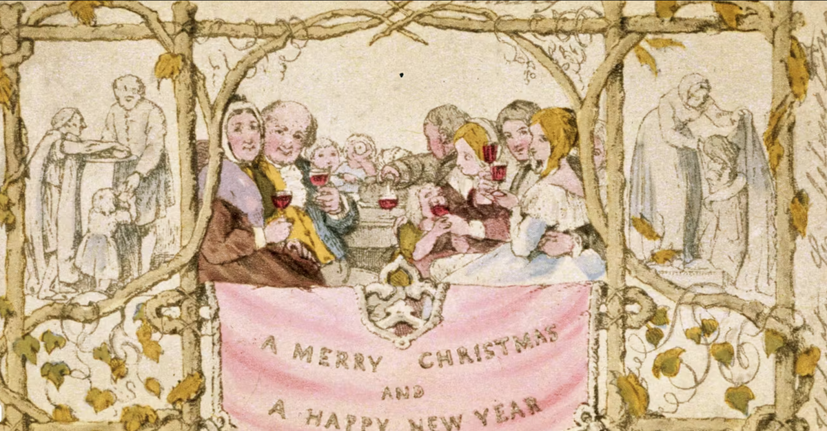 Первая рождественская открытка со словами «Счастливого Рождества и Нового года вам». Художник Джон Калкотт Хорсли.