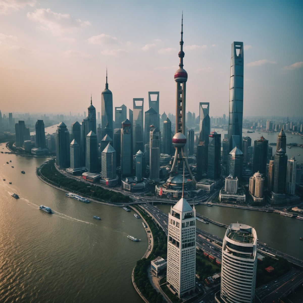 Панорамный вид Шанхая с небоскрёбами и рекой Хуанпу