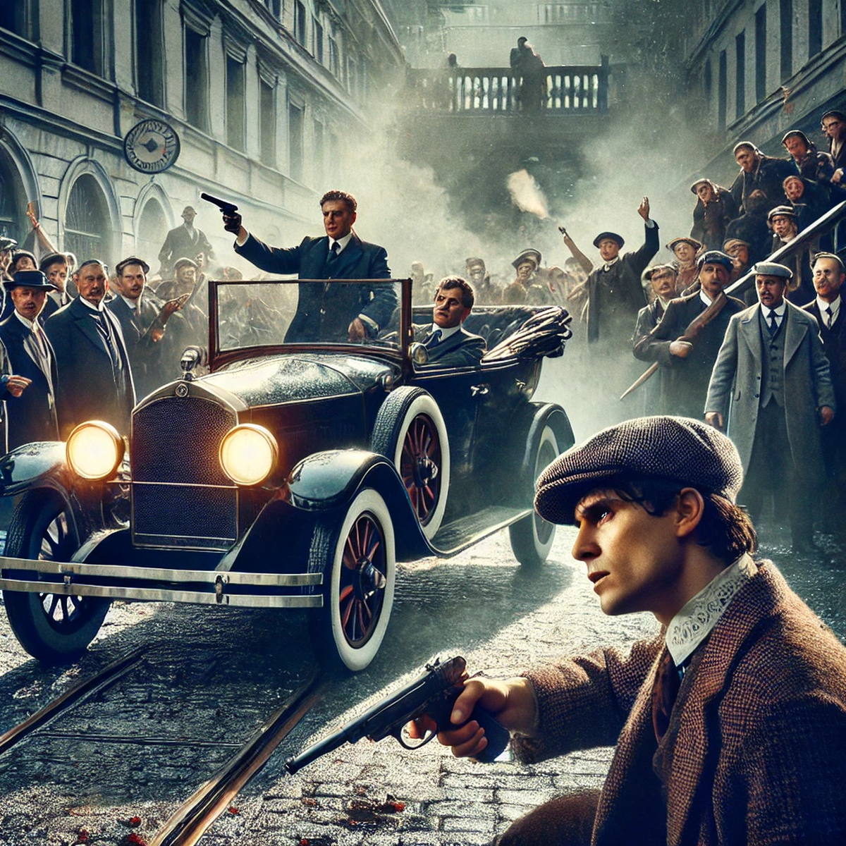 Убийство Франца Фердинанда в представлении нейросети, здесь и далее: ИИ