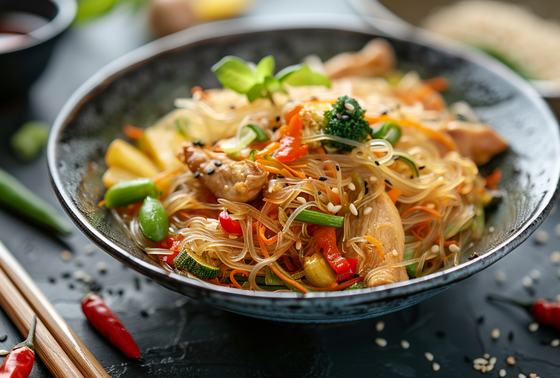    Фунчоза с курицей и овощами в соевом соусе