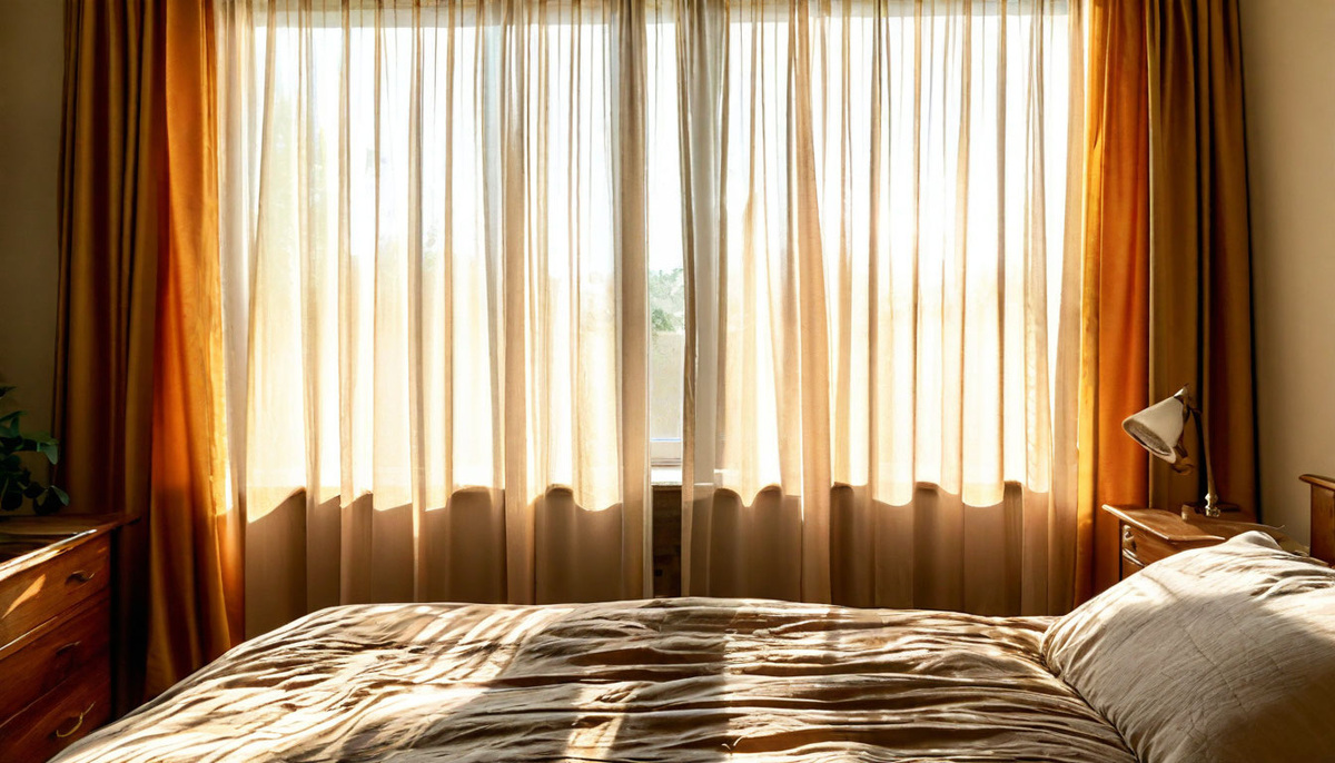 Фото первого солнечного света, проникающего через занавески спальни, освещающего комнату.