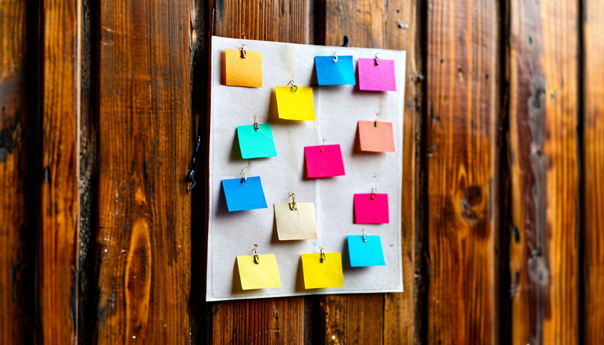Крупный план листа с разноцветными заметками, прикреплённого на деревянной стене или холодильнике.
