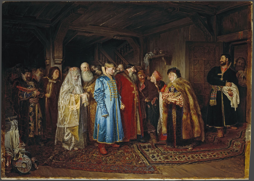 Картина К. Лебедева "Боярская свадьба" 1883 года. Здесь можно помотреть, как примерно выглядел боярский дом в 17 века. Отсюда: https://my.tretyakov.ru