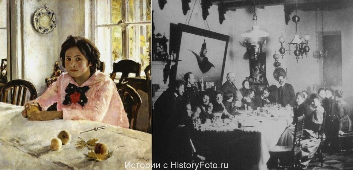 
Художник писал портрет Веры в столовой, за окном которой виднелся Абрамцевский парк с аллеей, названной Гоголевской в честь писателя, который когда-​то любил здесь гулять. В соседней комнате – Красной гостиной – часто собирались писатели и художники. Картину Серов подарил Елизавете Мамонтовой, матери Веры, и портрет долгое время висел в той комнате, в которой и был написан. Позже картина попала в Третьяковскую галерею, а в Абрамцево осталась копия. После «Девочки с персиками» о Серове заговорили, и вскоре он стал одним из самых модных портретистов.
Вера Мамонтова, впоследствии вышла замуж за Александра Самарина, министра по делам церкви, после долгого сопротивления родни жениха, так как его род был дворянским. Венчание состоялось в церкви Бориса и Глеба в Москве. Брак был очень счастливым, Вера родила троих детей. Увы, счастье молодых было скоротечным: на пятом году брака в возрасте 32 лет Вера Самарина (Мамонтова) умерла от скоротечного воспаления лёгких.
После ее смерти Александр Самарин так никогда и не женился, а в память о жене построил храм Живоначальной Троицы в Аверкиево (район Павловского Посада), возле их усадьбы. В советское время храм был разорен и использовался как склад. Сейчас он вновь восстановлен. Муж Веры Мамонтовой был сослан в лагерь в 1920-х гг., с ним отправилась их дочь Лиза. Он погиб в ГУЛАГе в 1932 году. На фото: Вера Мамонтова с мужем Александром Самариным, картина В. Васнецова «Девушка с кленовой веткой» и Храм Живоначальной Троицы. 1900-е годы.