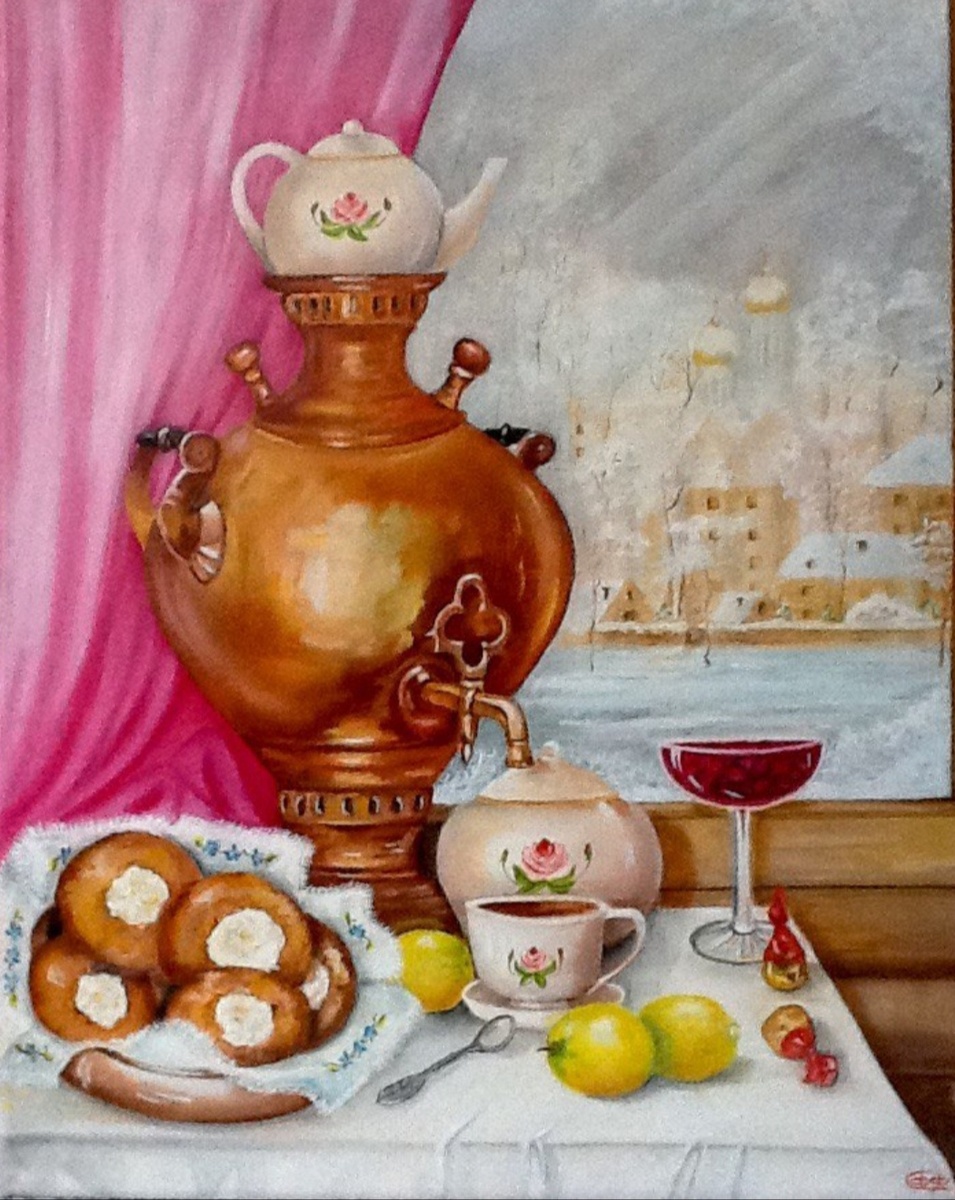 Натюрморт маслом 50х60." Тёплый вечер за самоваром ".