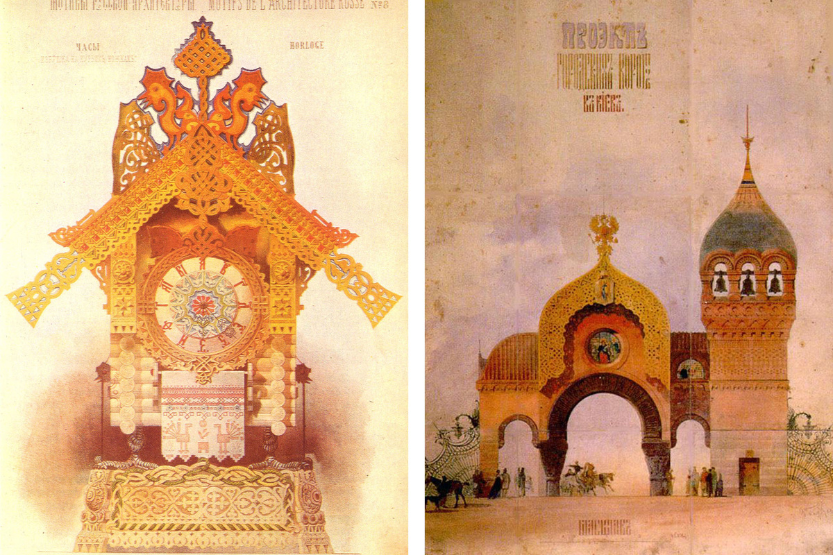    Виктор Гартман, слева: «Избушка Бабы-Яги на курьих ножках. Часы в русском стиле», справа: «Проект городских ворот в Киеве. Главный фасад»