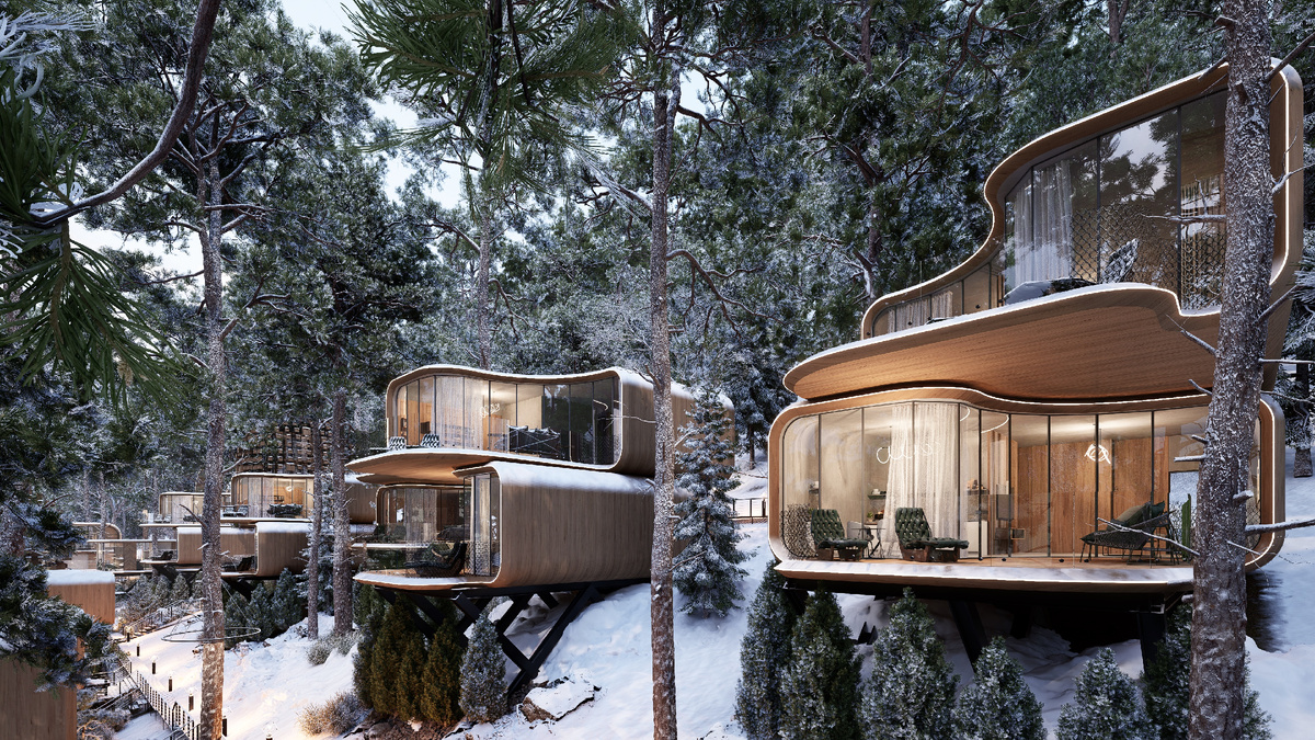 Визуализация отеля, который строят сейчас в Архызе, интересный проект с бионической архитектурой, вписанной в естественный горный ландшафт