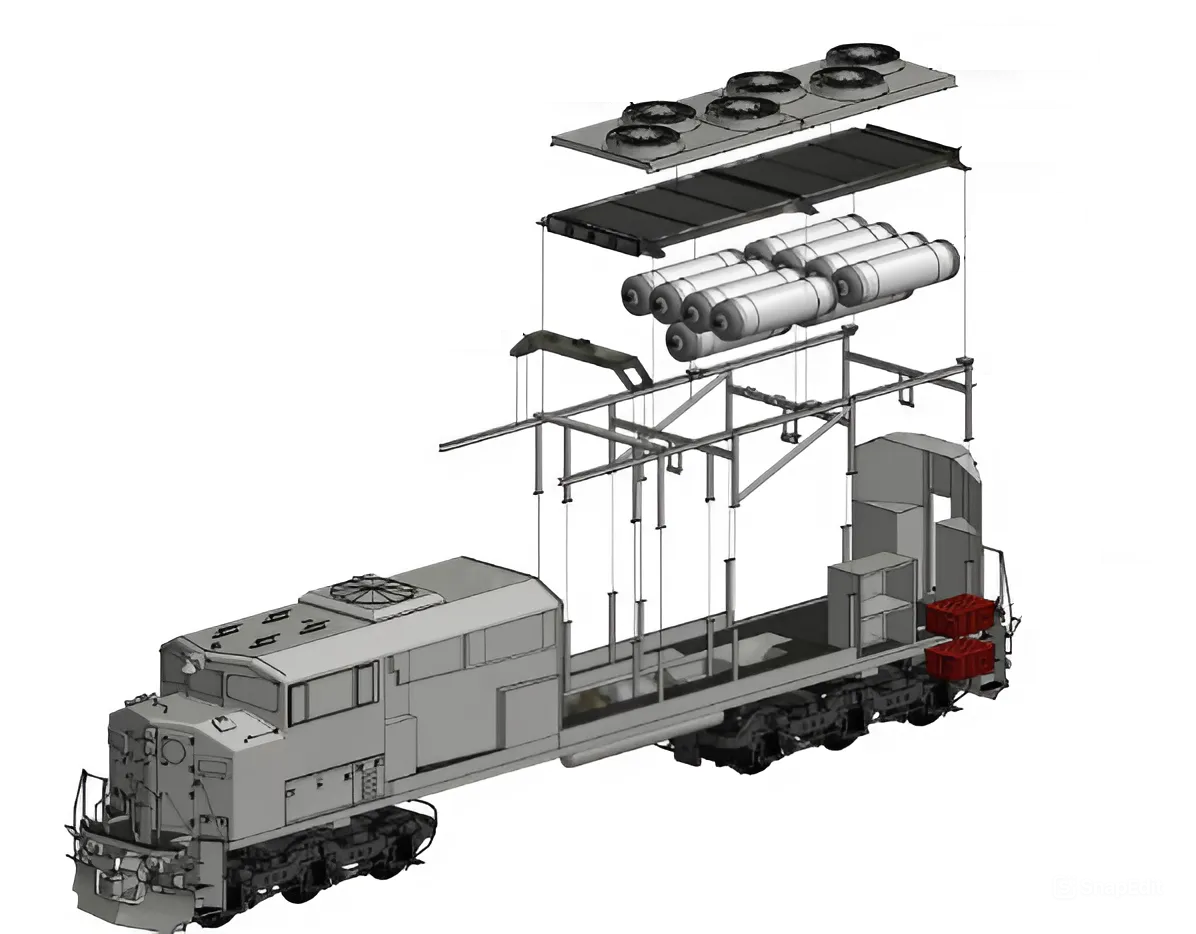 Схема расположения компонентов водородной силовой установки  в локомотиве H2 0EL №1001. Источник: CPKC