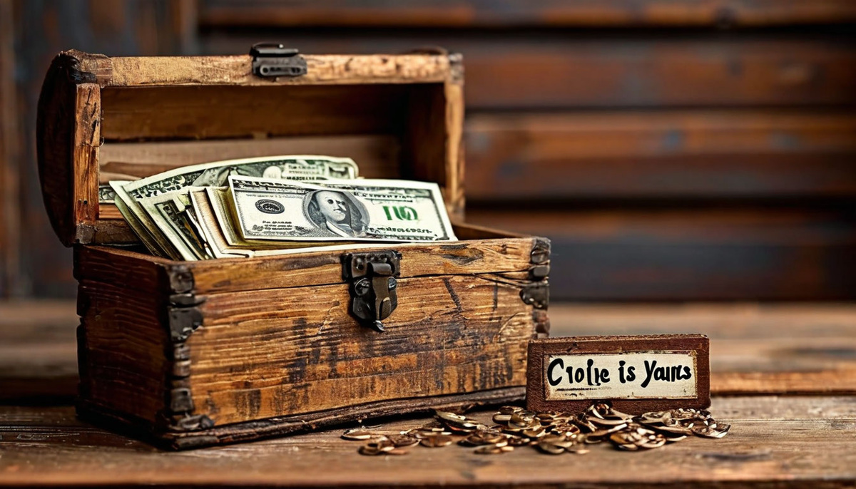 Деревянный ящик или сундук с деньгами, рядом с которым лежит небольшая табличка с надписью "Выбор за вами".