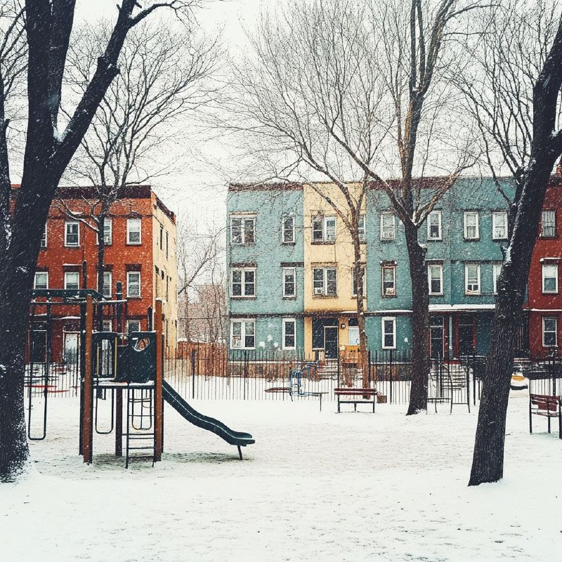 Вот так примерно выглядит двор, куда переехал жить Костя. Нейросеть отказывается показывать двухэтажные дома, нет у нее совести.