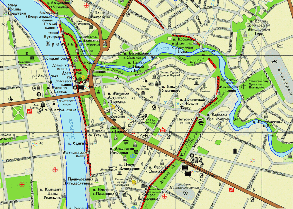 Карта достопримечательностей Пскова