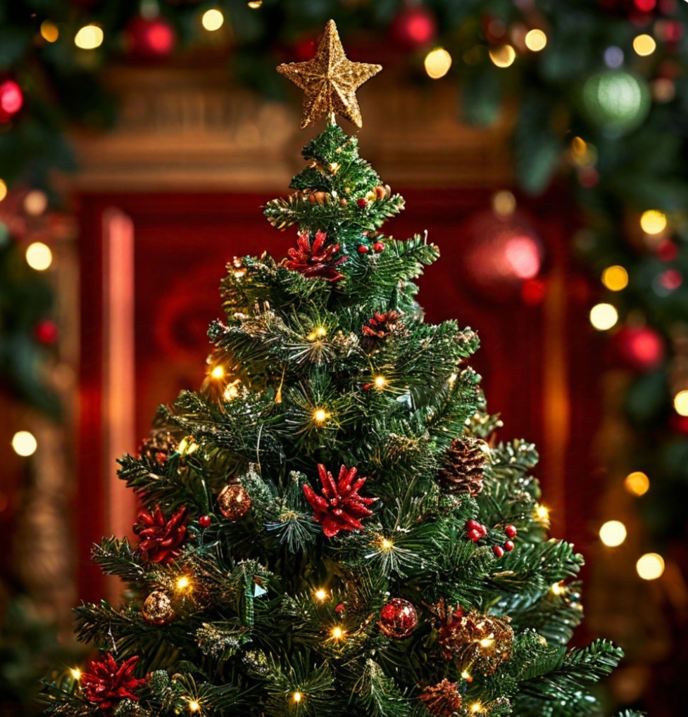 Звезда на новогодней елке. Картинка создана нейросетью Шедеврум.