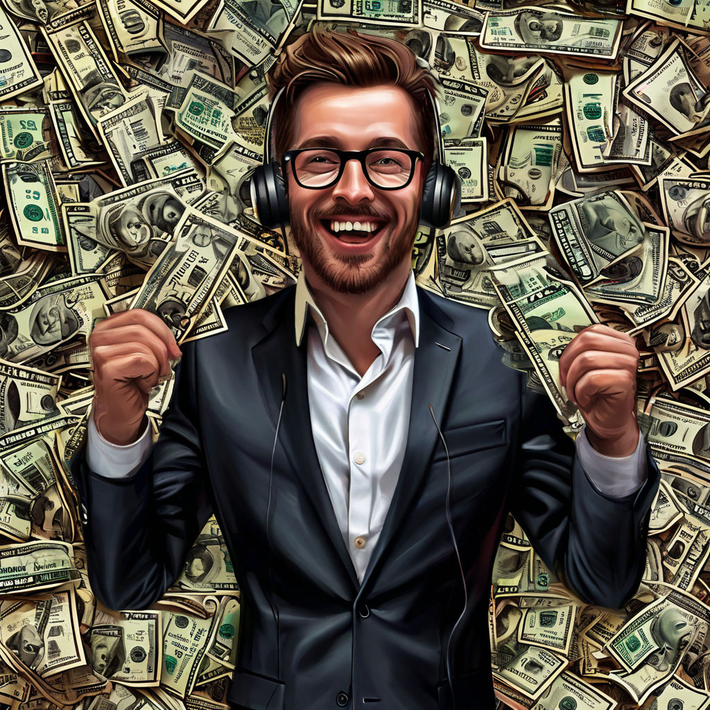 Картинка сгенерирована YaART по запросу "Давай нарисуем веселого менеджера по продажам, в ухе у него гарнитура на заднем фоне много денег, а в руках он держит две части одного лемента, как пазлы"