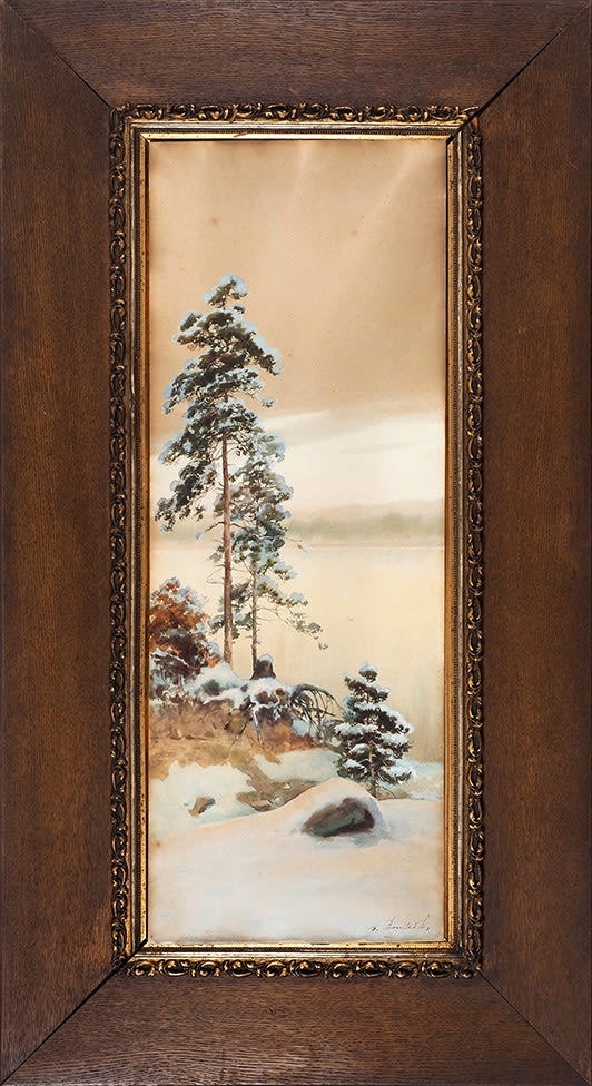 Заснеженные сосны на берегу. Конец XIX - начало XX в., материалы: бумага на картоне, акварель, белила, размеры: 104 х 57 см. Источник: https://www.litfund.ru