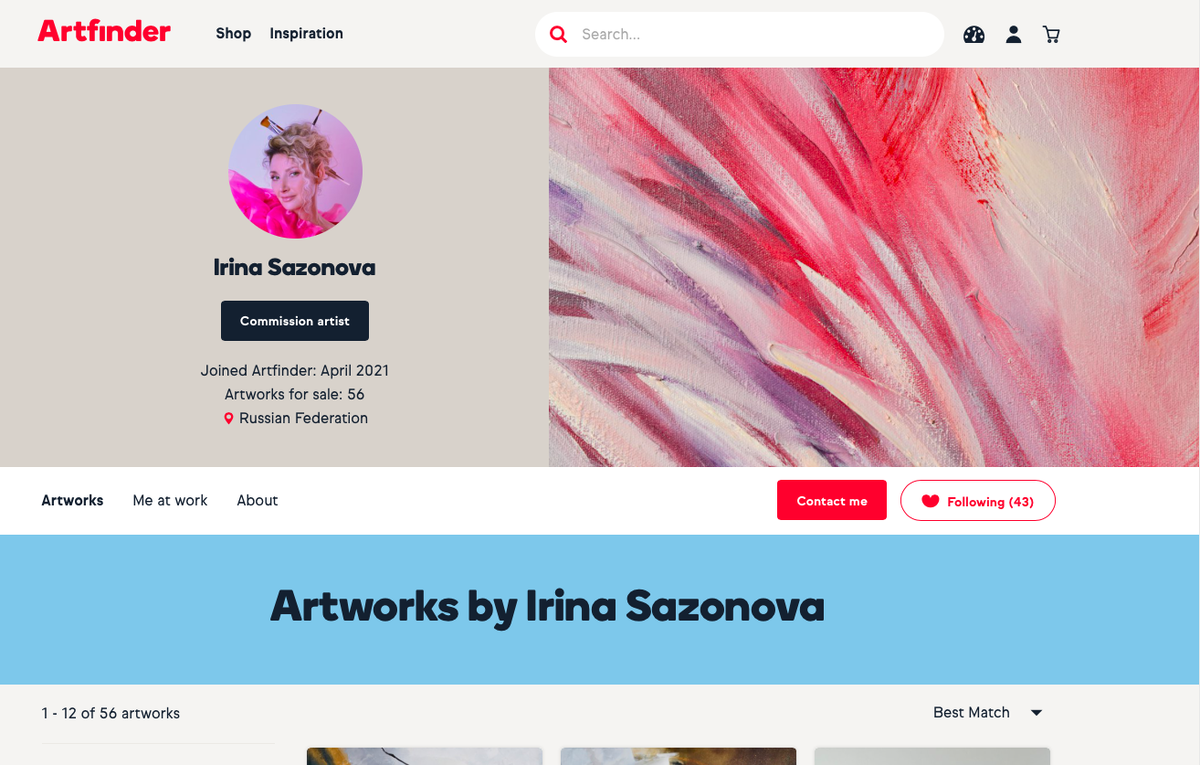 Пример страницы художника на сайте Artfinder