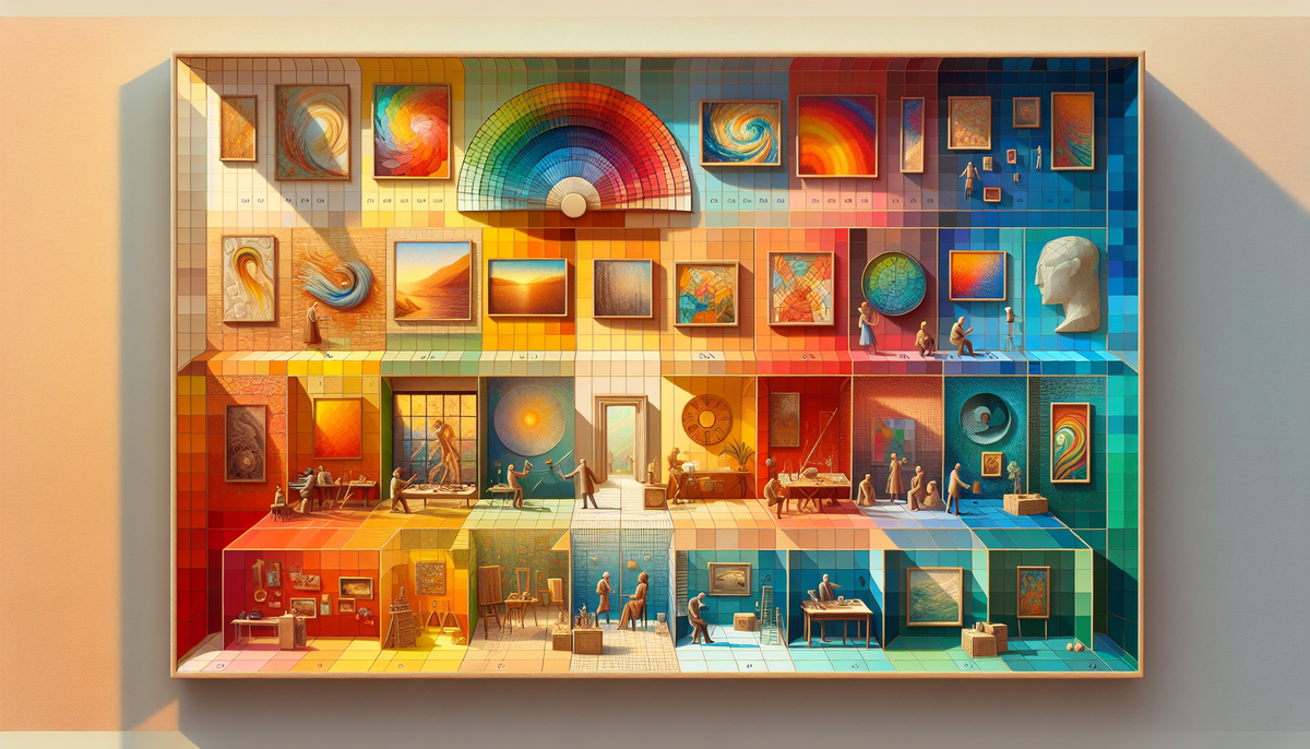 Изображение иллюстрирует, как различные цвета могут вызывать разные эмоции и влиять на восприятие искусства. Каждая секция показывает теплые и холодные цвета с соответствующими художественными представлениями.