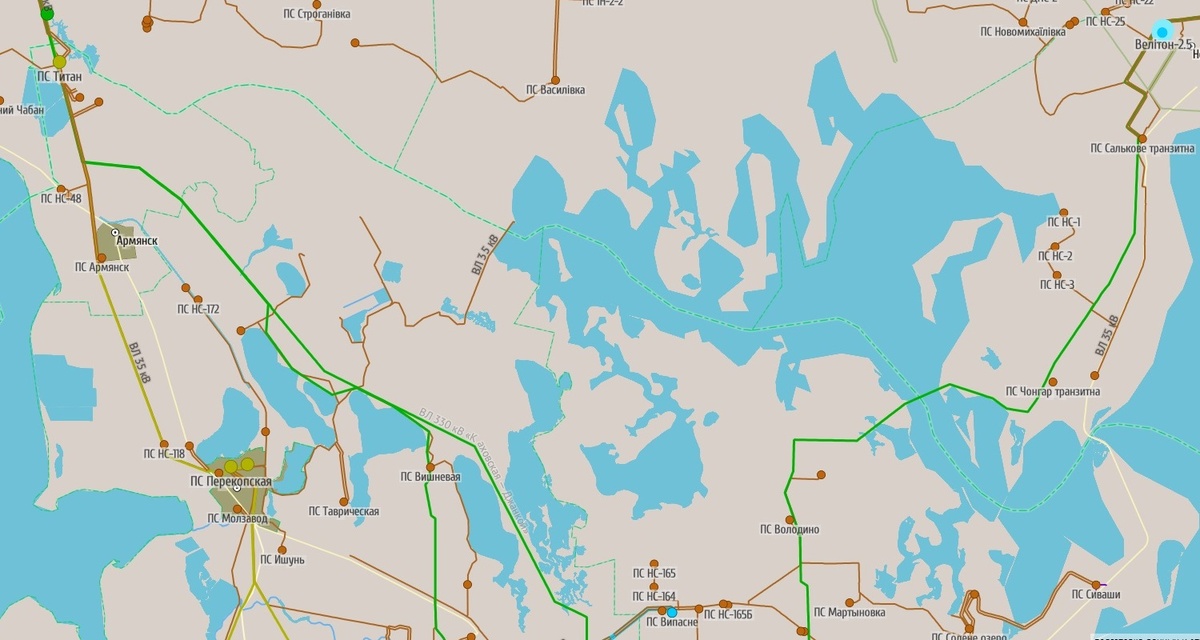 Карта-схема ВЛ в районе Сиваша. Зелёный цвет – 330 кВ, жёлтый – 220 кВ, коричневый – 35 кВ. Итого между Крымом и Украиной проходило 7 ВЛ: 3х330, 220, 3х35 кВ.