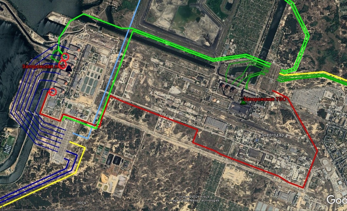 ЗАЭС и ЗТЭС. Жёлтые линии – неработоспособные ВЛ (идущие через сухопутный фронт), синие – ВЛ 750 кВ, идущие в ЕЭС России, голубая – ВЛ 750 кВ ЗАЭС – Днепровская, зелёные – ВЛ 330 кВ, идущие в ЕЭС России, светло-зелёные – ВЛ 330 кВ ЗАЭС – ЗТЭС и ЗТЭС – Ферросплав 1,2, красная – ВЛ 150 кВ ЗТЭС – ЗАЭС. Красными кружками показано расположение РТСН