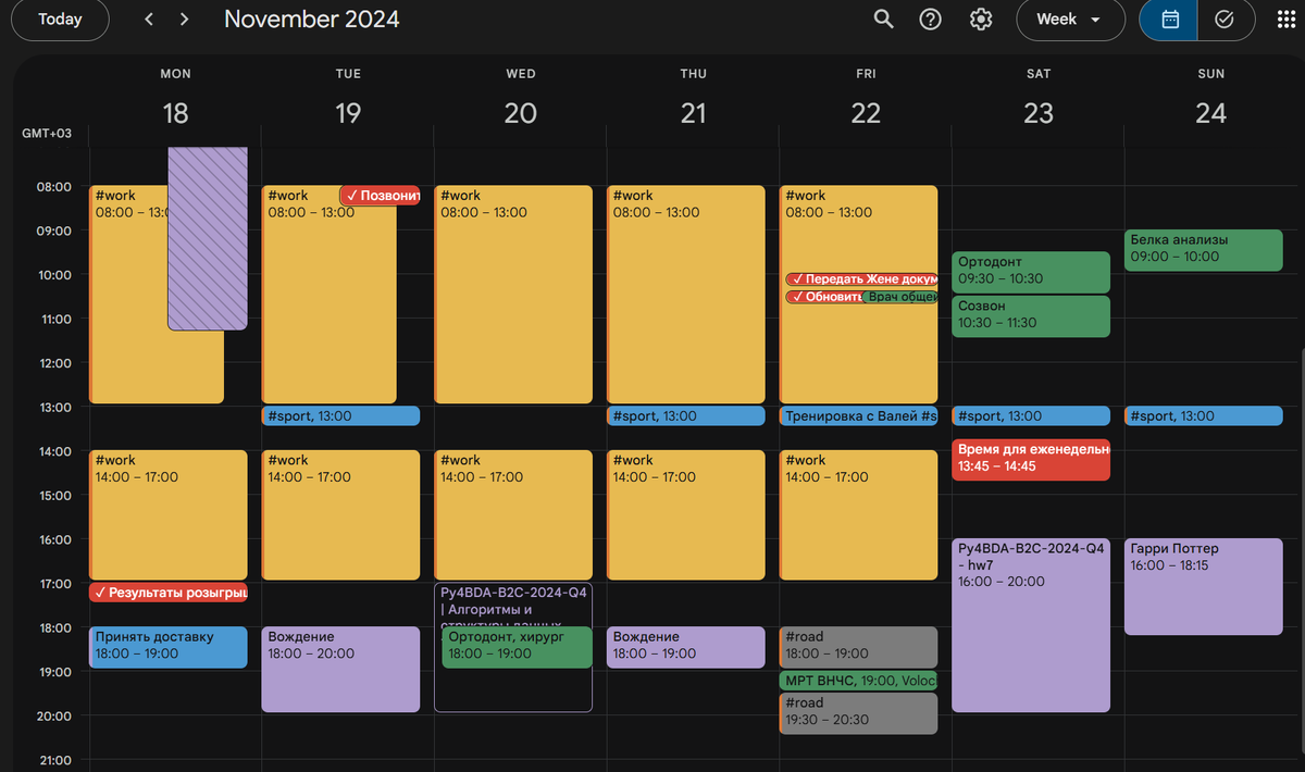 Пример моего самого незагруженного графика недели за ноябрь 2024