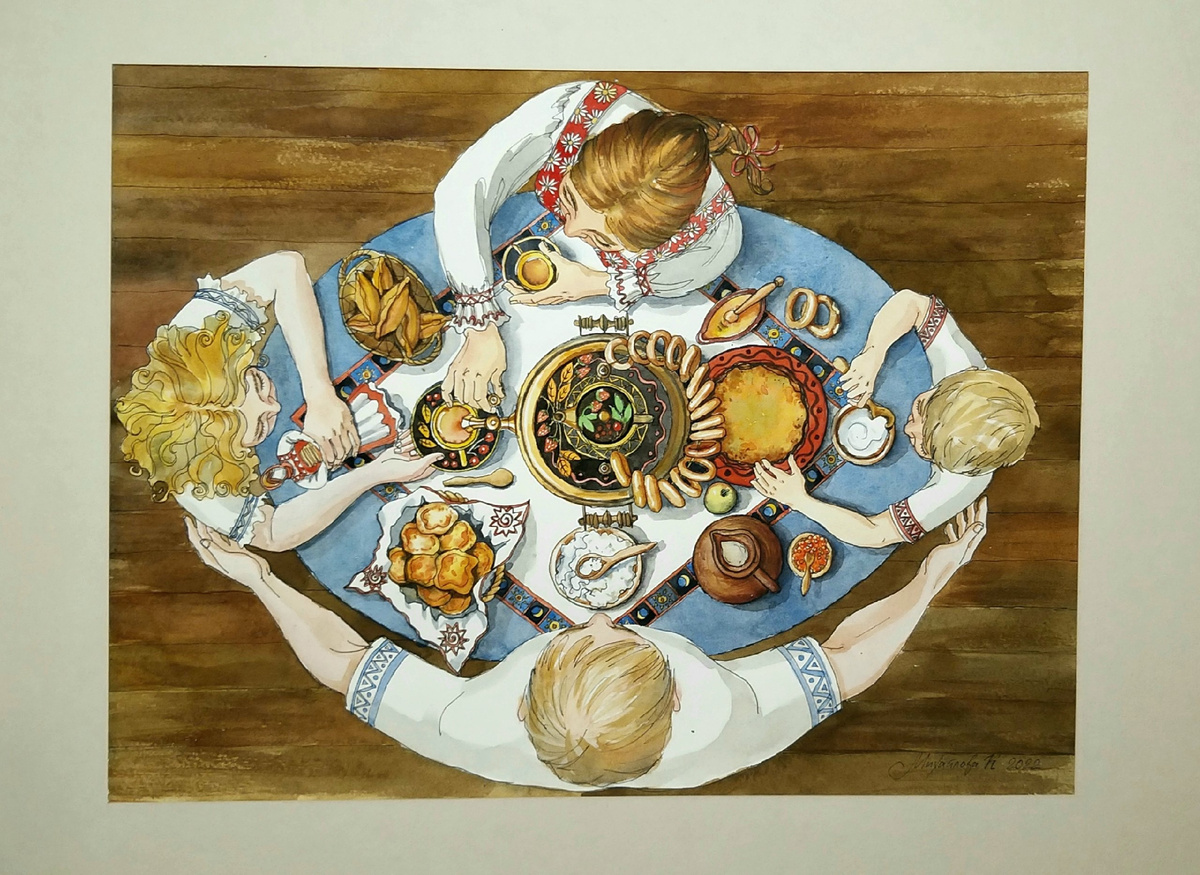 Кристина Михайлова. г. Воронеж. "Традиции". Бумага, акварель, линер. 2022 г. 38х29см