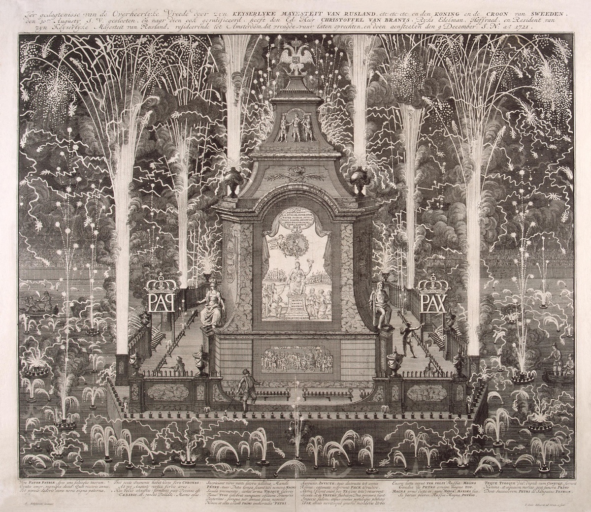 Смит, Ян, работал 1721-1848; Скинфут, Симон (1653-1727)
Изображение фейерверка и иллюминации в Амстердаме 9 декабря 1721 года по случаю заключения Ништадского мира
Великобритания, 1722 г. Государственный Эрмитаж