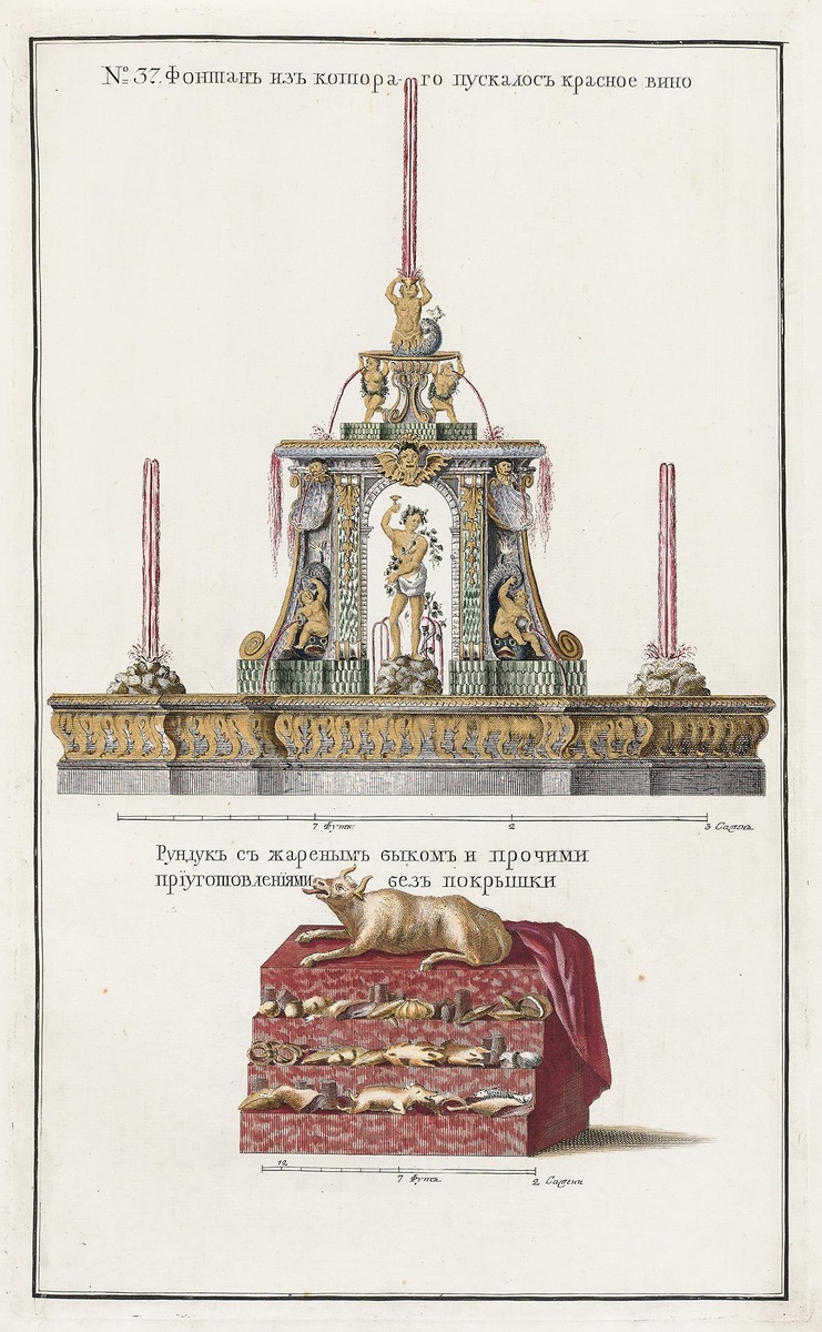 Автор офорта: Иван Алексеевич Соколов, автор рисунка: Иоганн Элиас Гриммел
Изображение фонтана, бившего белым вином, с фигурой Помоны, и рундука с жареным быком и другою снедью под зелеными драпировками, стоявших на площади для угощения народа в день коронации. Россия, Санкт-Петербург, 1744-1745 гг. Лист из альбома по случаю коронации Елизаветы Петровны