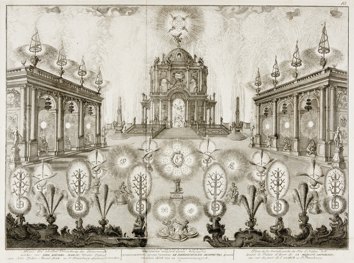 Изображение фейерверка в Петербурге перед Зимним домом на новый 1758 г.
Россия, Санкт-Петербург, 1757 г. Автор офорта Качалов, Григорий Аникеевич. Автор рисунка: Градицци, Франческо. Государственный Эрмитаж