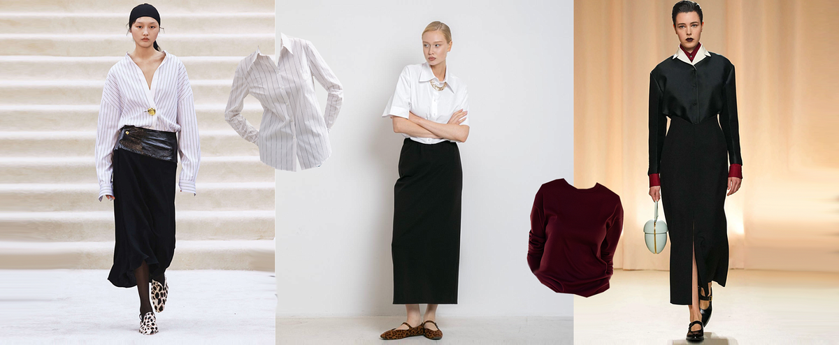 Готовый образ: рубашка в полоску, трикотажная юбка и бордовый лонгслив VIRELE