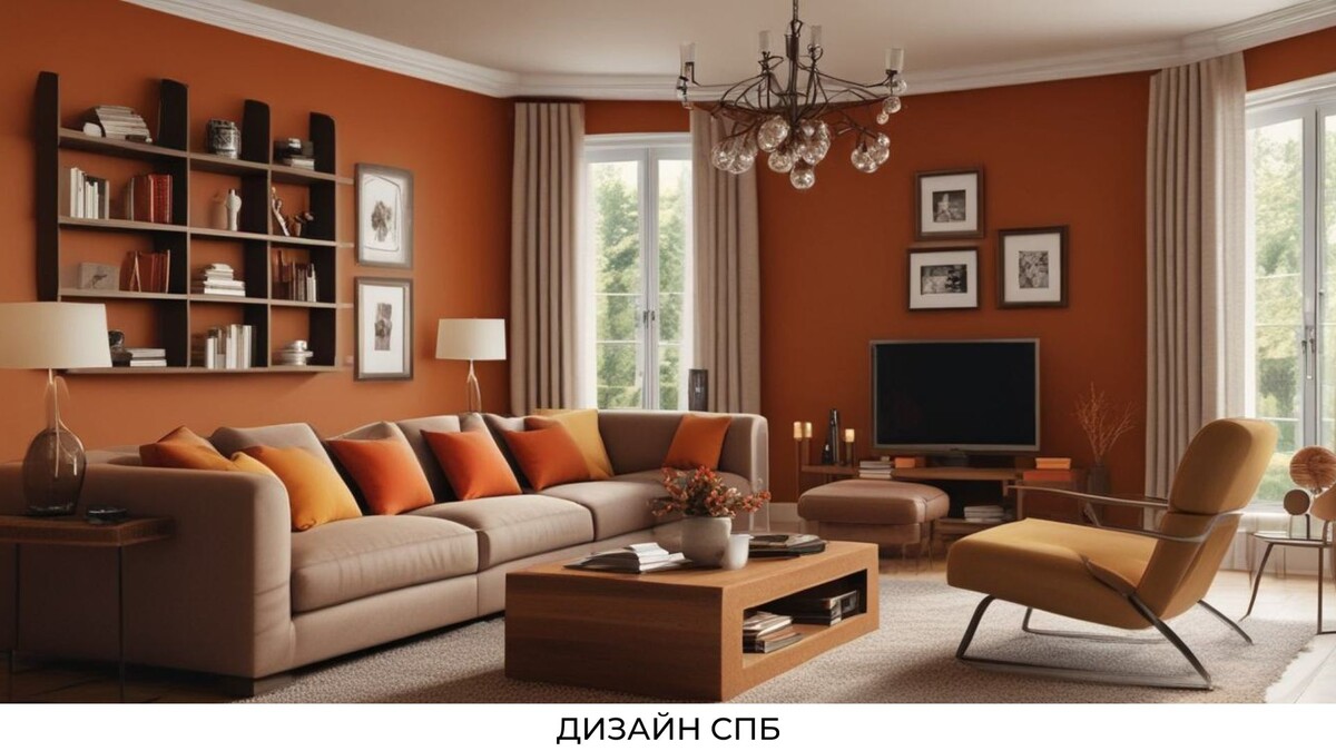 Интерьер гостиной в тёплой цветовой гамме. Наш сайт: design.spb.ru