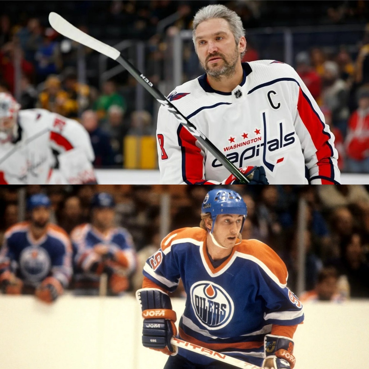 Александр Овечкин, российский хоккеист, игрок клуба Вашингтон Кэпиталз, сверху. Уэйн Гретцки лучший канадский хоккеист, имеющий рекорд по забитым шайбам в карьере. 