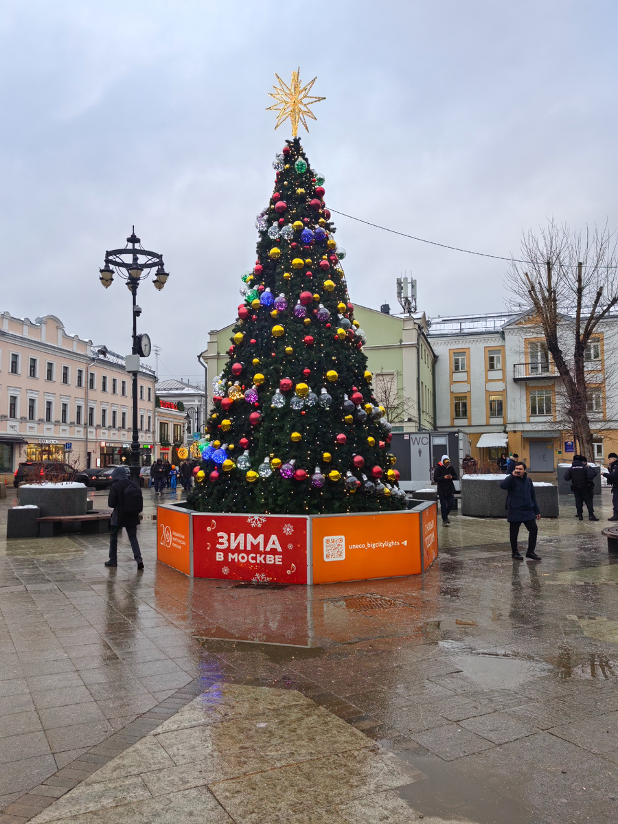 Ёлочка с оптимистичной надписью "Зима в Москве" и совсем не зимними "декорациями" в связи с резким потеплением. 