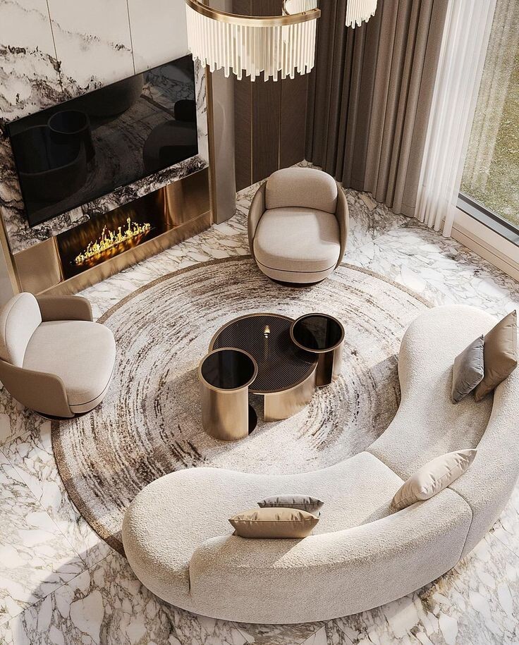 
Круглый диван идеально смотрится в центре комнаты