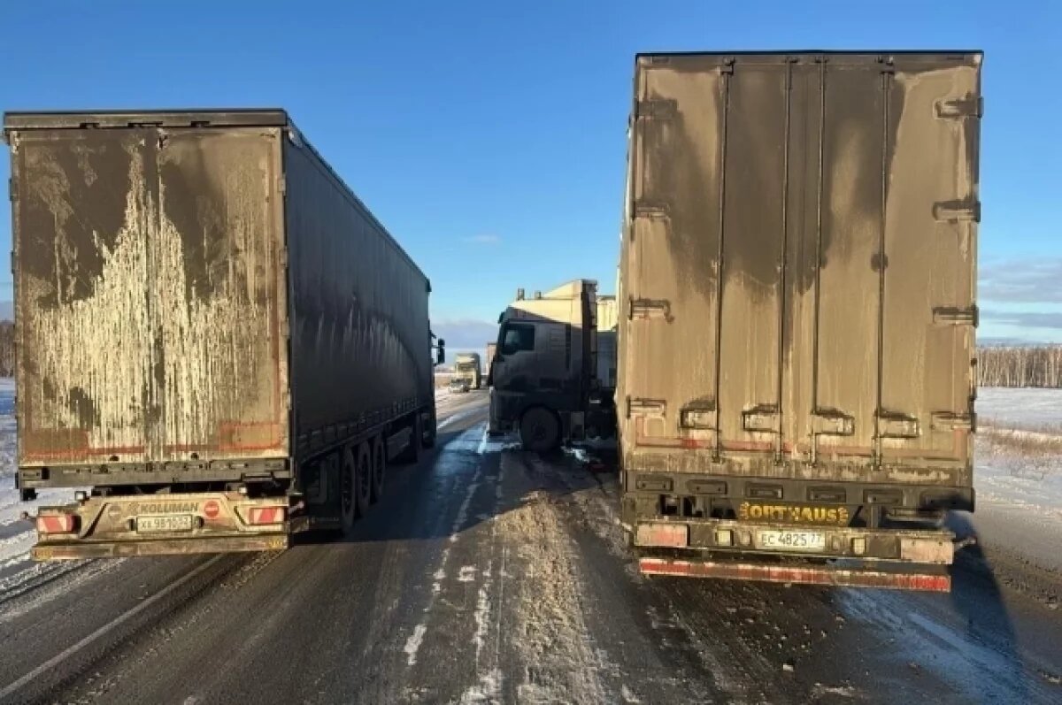    На омской трассе из-за снегопада столкнулись четыре большегруза