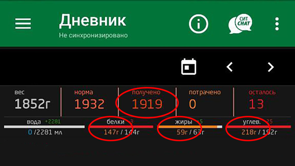 В приложении итоговые значения 1919 ккал Б 147 Ж 59 У 218