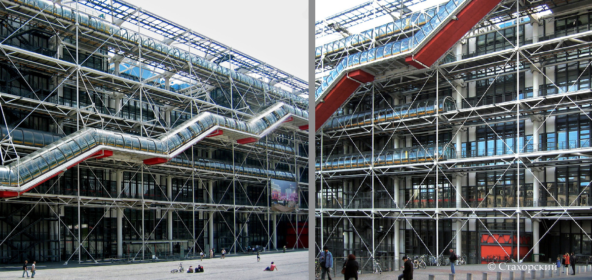 Западный фасад Центра Жоржа Помпиду, архитекторы Ричард Роджерс, Ренцо Пиано и Джанфранко Франчини, 1971–1977 год. Париж